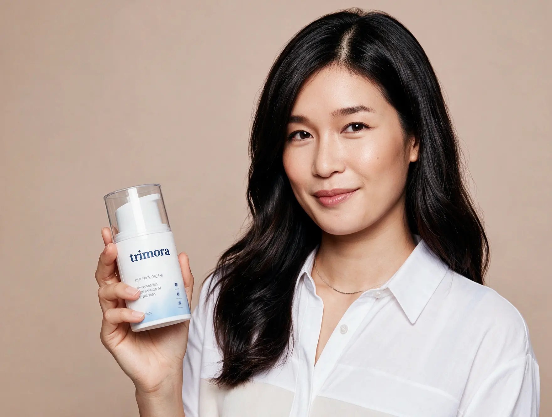 Woman smiling and holding a bottle of Trimora GLP Face Cream